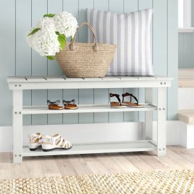 White Slatted Wood 2-Shelf Storage Bench For Entryway
