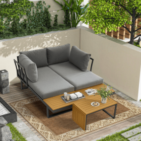 Aluminum Patio Furniture Set, Outdoor L-Shaped Sectional Sofa With Plastic Wood Side Table And Soft Cushion For Backyard Poolside (Option: GrayYellow)