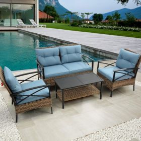 4-Piece Patio Sectional Low Dining Sofa Set - KD Rattan Wicker Outdoor Furniture (Color: Blue)