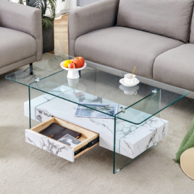 43.3 Inch Modern Two-Tier Coffee Table - Clear Tempered Glass And Black Marble Texture, Multifunctional Storage Design.The Bottom Tier Includes A (Color: White)