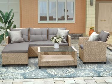 U STYLE Patio Furniture Sets  4PC Wicker Rattan Sofa Conversation Set (Option: Beige brown)