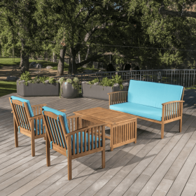 Outdoor Acacia Wood Sofa Set With Water Resistant Cushions, 4-Pcs Set, Brown Patina   Teal (Option: BrownTeal)